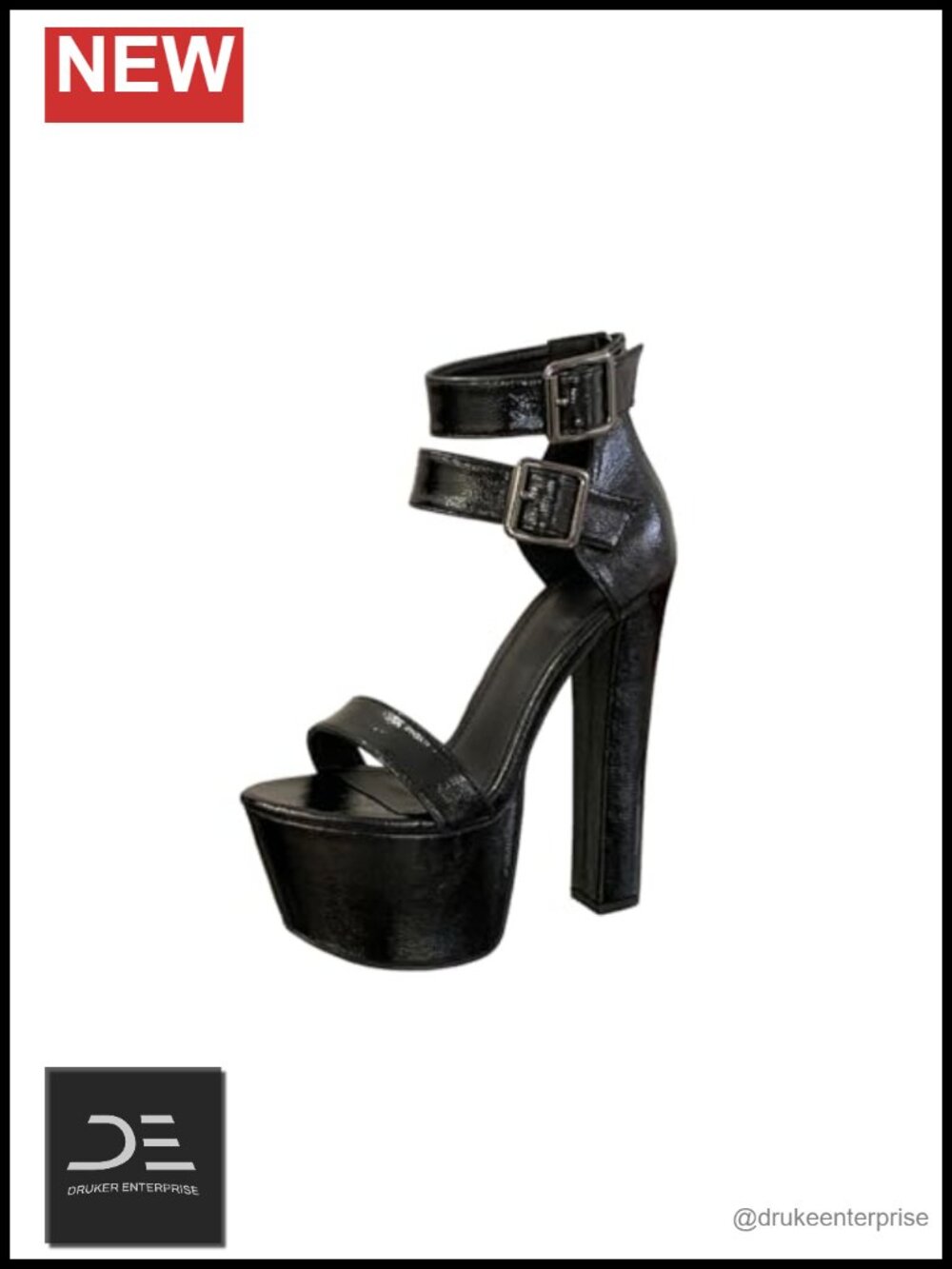 Black Strappy Platform Block Heels Open Toe Zipper Ankle Buckle Faux Leather